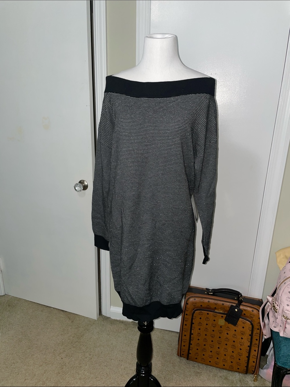Express Black & silver Off-the-Shoulder or boat neck Striped Sweater dress